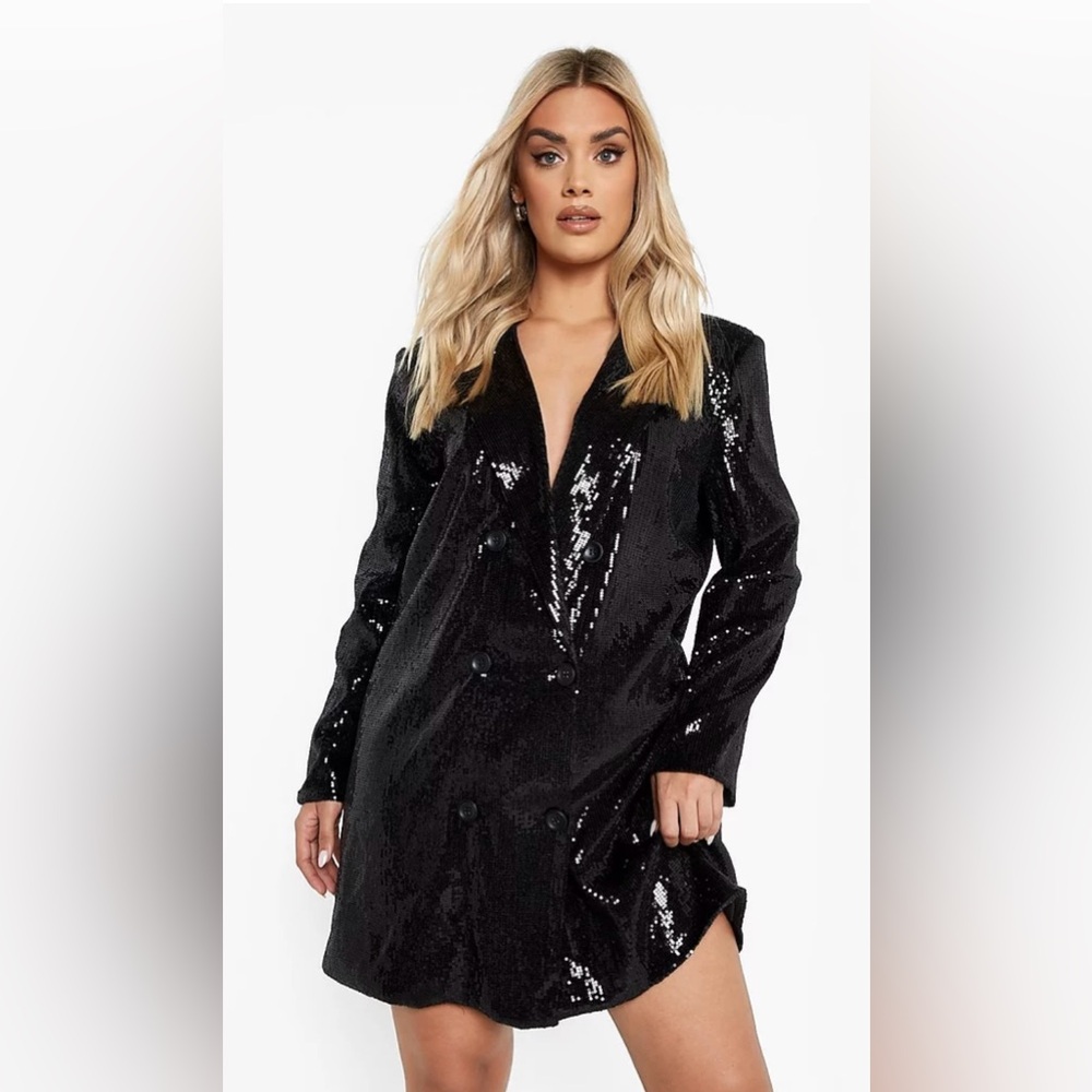 🚨Final Sale🚨!! NWT Boohoo Black Sequin Button Blazer Dress Size 22 - Picture 2 of 8